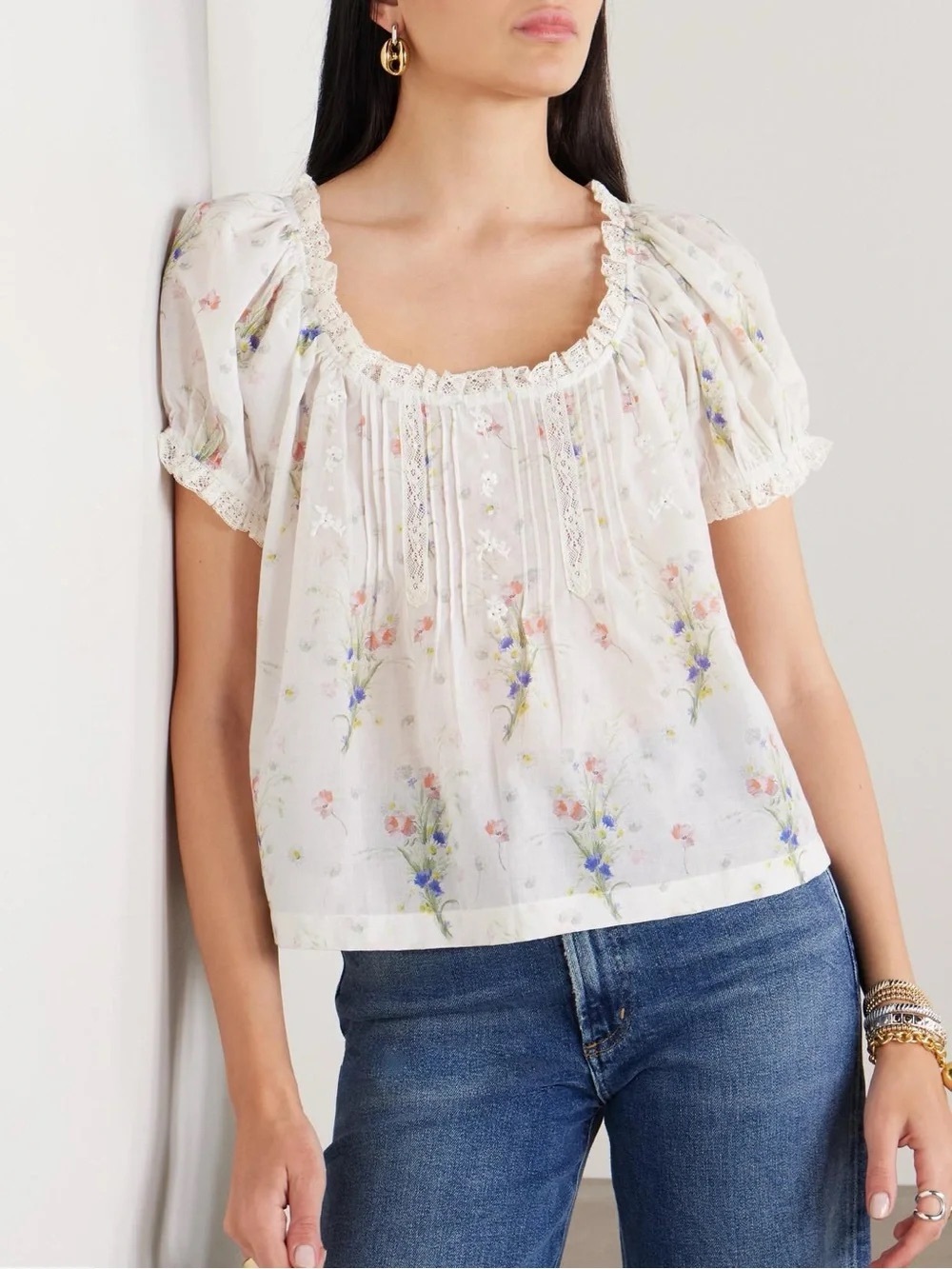 DΓEN Frederica Painted Bouquet Floral Cotton Puff Sleeve Lace Blouse Size S